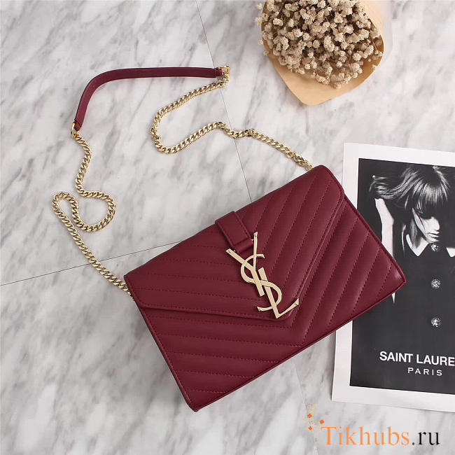 YSL Leather 26cm Shoulder Bag Golden Chain 26596 Wine Red - 1