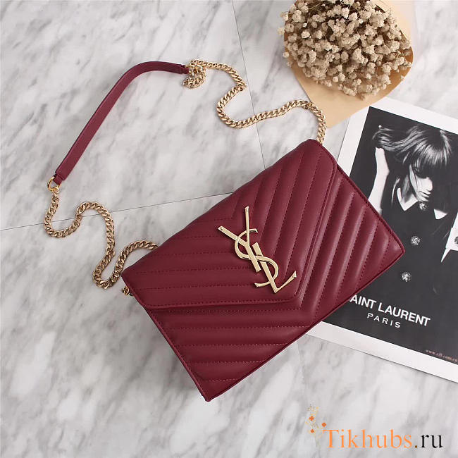 YSL Original Leather 26cm Shoulder Bag Golden Chain 26595 Wine Red - 1