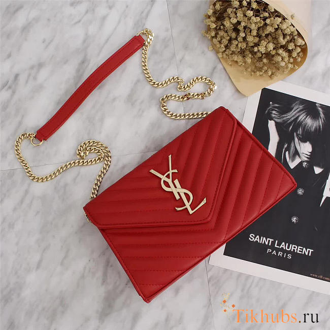  YSL Original Leather 26cm Shoulder Bag Golden Chain 26595 Red - 1