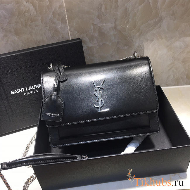 YSL Monogram Sunset Leather Crossbody Bag 442906 Black With Silver Hardware - 1