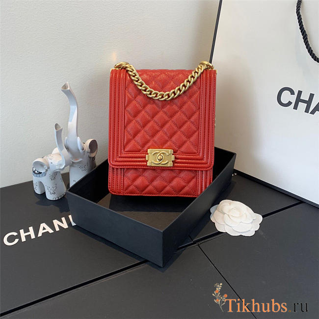 Chanel Boy Hangbag Calfskin Red With Gold Hardware AS0130 - 1