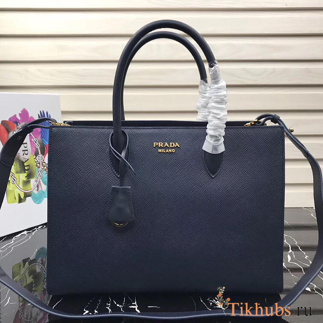 Modishbags Inverted Pleat Saffiano Leather Satchel In Dark Blue 1BA153 - 1