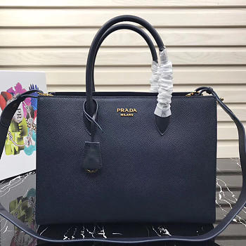 Modishbags Inverted Pleat Saffiano Leather Satchel In Dark Blue 1BA153