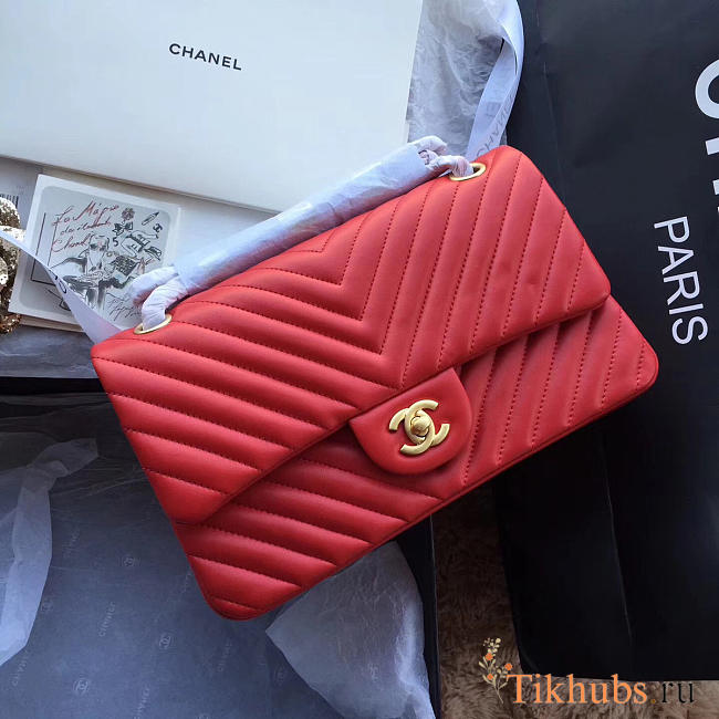 Modishbags Flap Red Bag Chevron Caiar 25CM With Gold Hardware - 1