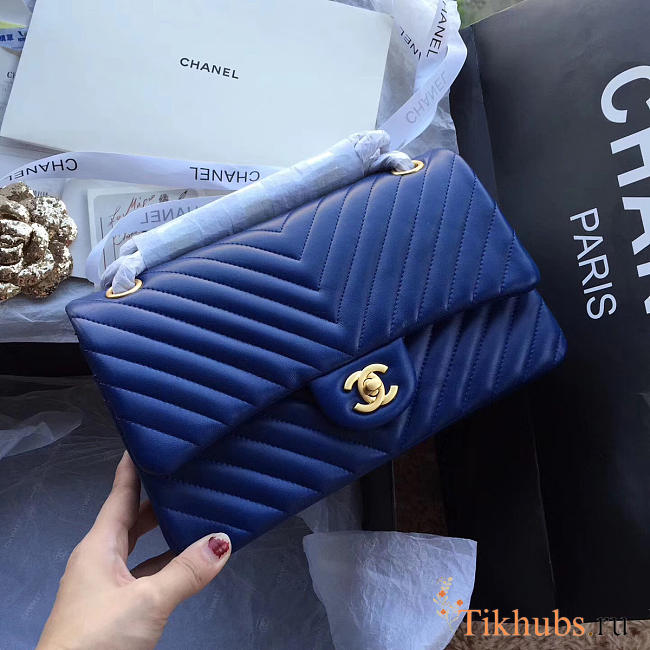 Modishbags Flap Blue Bag Chevron Caiar 25CM With Gold Hardware - 1