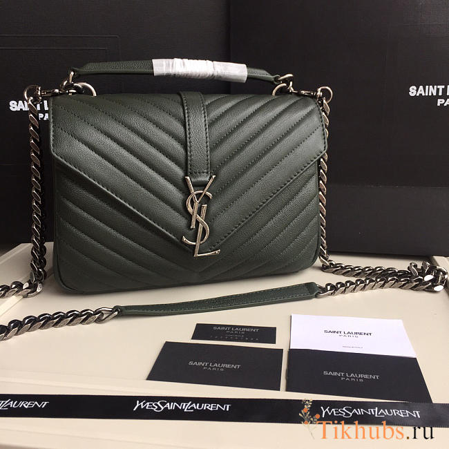 YSL Monogram Saint Laurent College Dark Green Medium Bag with Sliver - 1