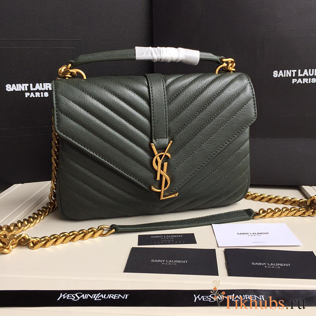 YSL Monogram Saint Laurent College Dark Green Medium Bag with Gold - 1