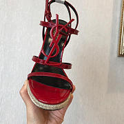 YSL-CASSANDRA logo letter clasp high heel woven leather sandals red - 5