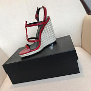 YSL-CASSANDRA logo letter clasp high heel woven leather sandals red - 3