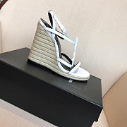 YSL-CASSANDRA logo letter clasp high heel woven leather sandals white - 6