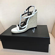 YSL-CASSANDRA logo letter clasp high heel woven leather sandals white - 5