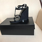 YSL-CASSANDRA logo letter clasp high heel woven leather sandals black - 2