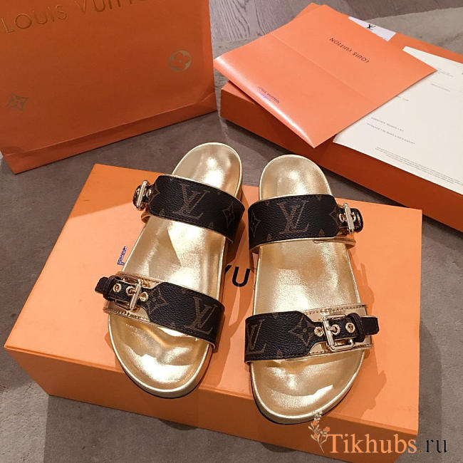 lv sandals gold and brown - 1