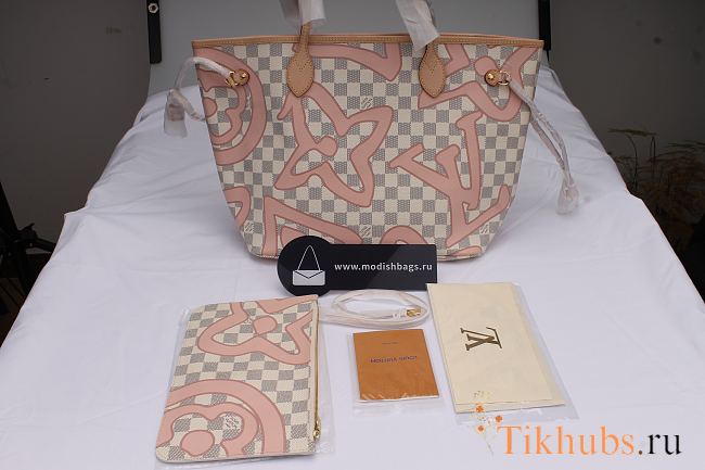 LV Neverfull White Grid With Pink - 1