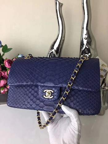 Chanel snake skin print flap bag blue