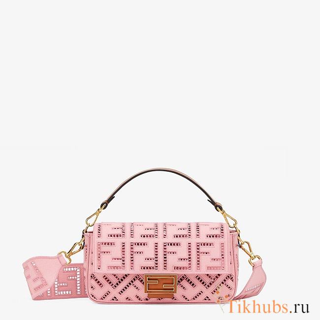 FENDI BAGUETTE White Canvas Bag With Embroidery Pink Size 27 - 1