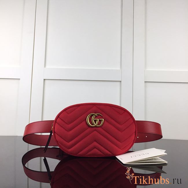 Gucci GG Marmont Matelasse Belt Bag Red Velvet 476434 Size 18 x 11 x 5 cm - 1