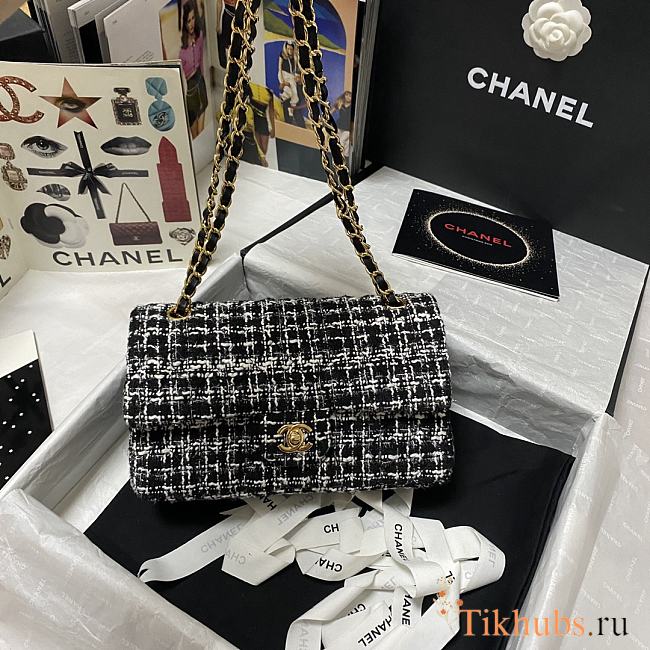 Chanel Sequin Bag Wear Beaded Beads Woolen Cloth Black/White 1112 Size 25.5 cm - 1