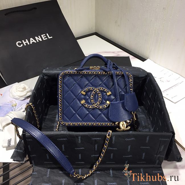 Chanel Vanity Case Bag Grained Calfskin Blue AS1785 Size 18 x 14 x 8 cm  - 1