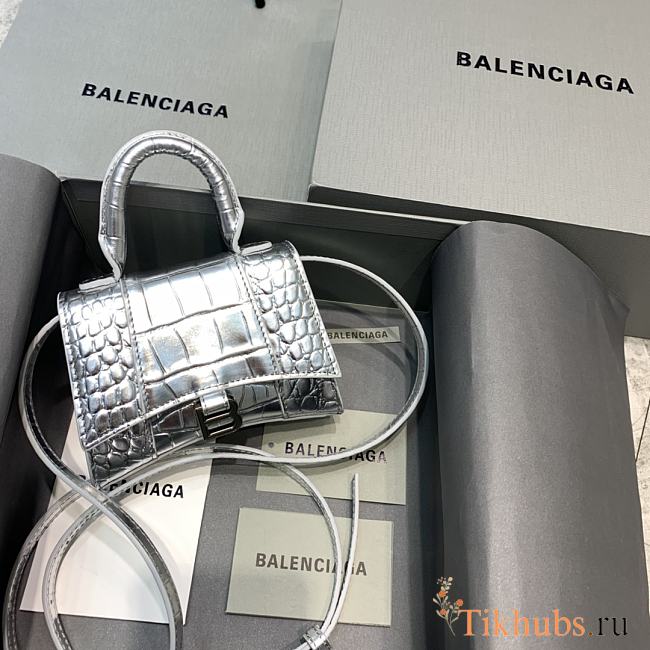 Balenciaga Hourglass Mini Crocodile Pattern Silver Size 11.5 x 14 x 4.5 cm  - 1