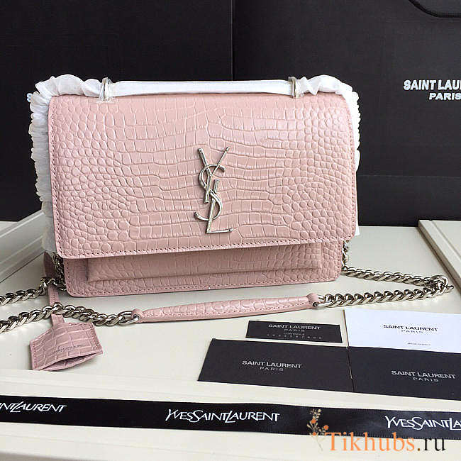 Saint Laurent Sunset Medium In Light Washed Pink Crocodile Embossed Shiny Leather Size 22 cm - 1