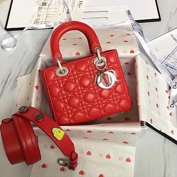 Lady Dior Red Silver Lambskin Size 20 x 17 x 9 cm