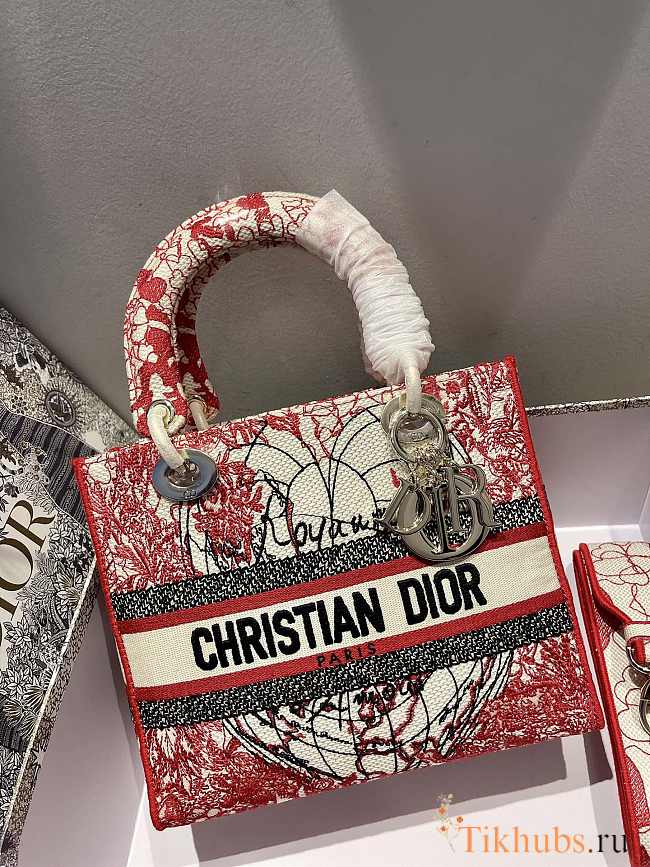 DIOR MEDIUM LADY D-LITE BAG Red and White Size 24 x 20 x 11 cm - 1