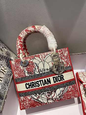 DIOR MEDIUM LADY D-LITE BAG Red and White Size 24 x 20 x 11 cm