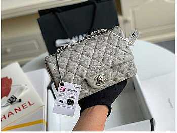 Chanel Mini Flap Bag Silver-tone Metal Caviar Leather Grey Size 20cm