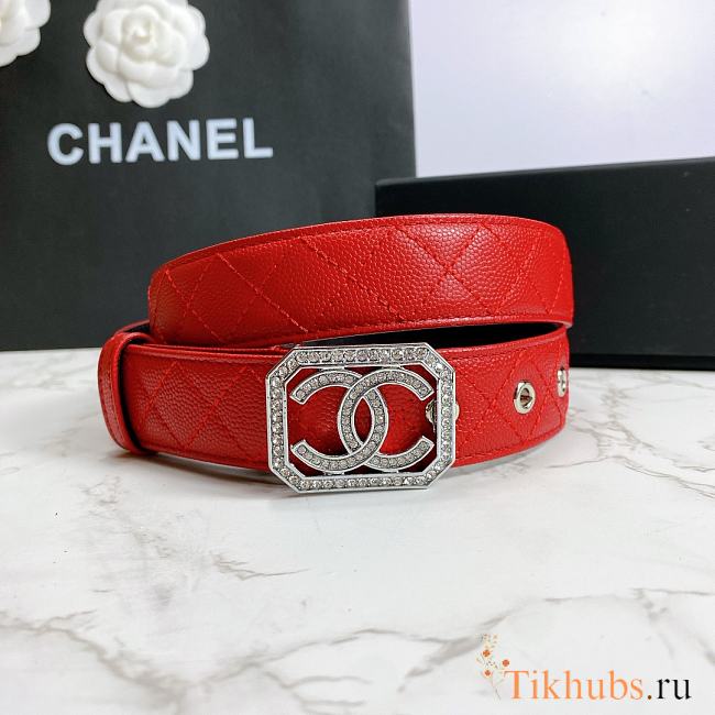 Chanel Belt Silver CC Buckle Red 3 cm 02 - 1