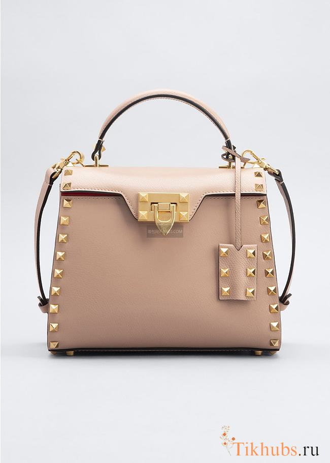 Valentino Rockstud Alcove Grainy Calfskin Handbag Beige Size 22 x 17 x 9 cm - 1