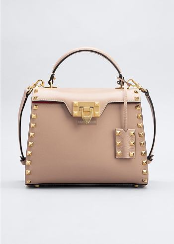 Valentino Rockstud Alcove Grainy Calfskin Handbag Beige Size 22 x 17 x 9 cm