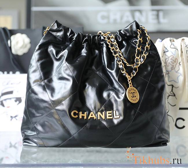 Chanel 22 Handbag Shiny Calfskin Black Gold Hardware 42x39x8cm - 1