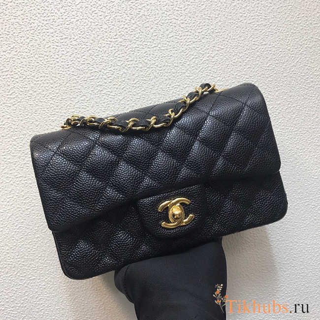 Chanel Mini Flap Bag Gold-tone Metal Caviar Leather Black Size 20cm - 1