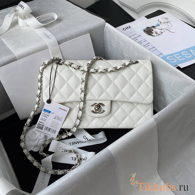 Chanel Flap Bag White Caviar Silver 23cm - 1