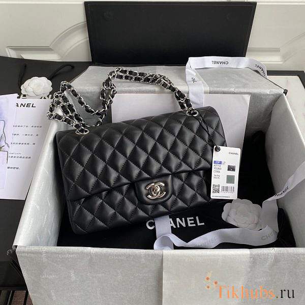 Chanel Flap Bag Black Lambskin Silver Hardware Size 25 cm - 1