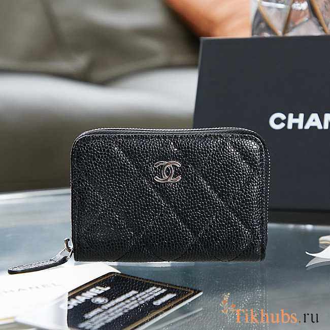 Chanel Classic Zipped Coin Purse Black Silver Caviar 7.5x11x2cm - 1