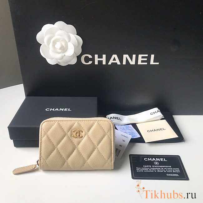 Chanel Classic Zipped Coin Purse Beige Gold Caviar 7.5x11x2cm - 1