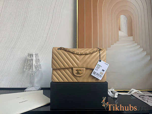 Chanel Flap Bag Chevron Lambskin Beige Gold 25cm - 1