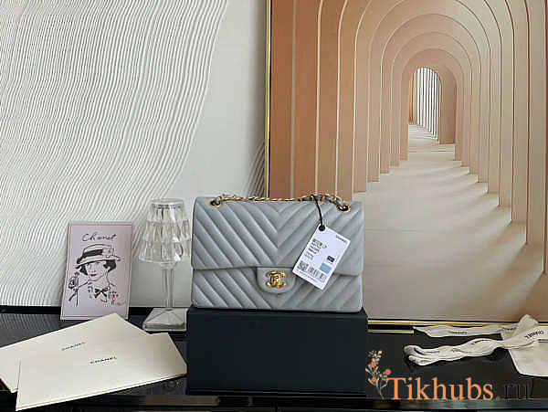 Chanel Flap Bag Chevron Lambskin Grey Gold 25cm - 1