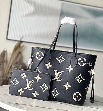 Louis Vuitton LV Neverfull MM Monogram Black Beige 31 x 28 x 14 cm