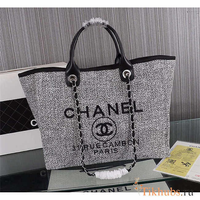 Chanel Deauville Tote Woven Large Charcoal Black 38x29x17cm - 1