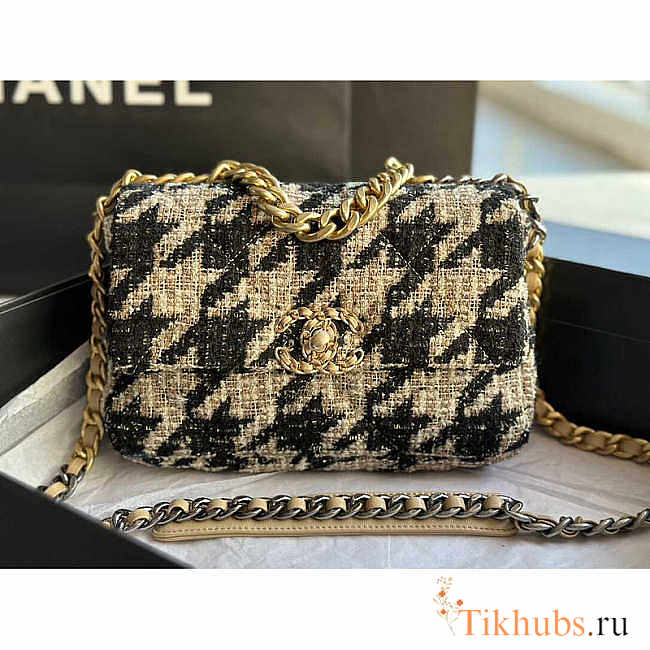 Chanel 19 Flap Bag Quilted Tweed Medium Beige And Black 26cm - 1