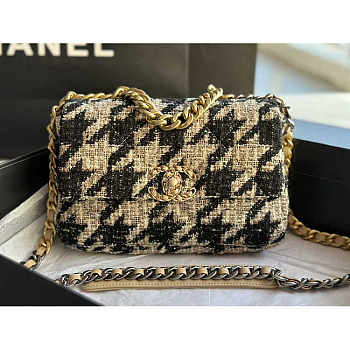 Chanel 19 Flap Bag Quilted Tweed Medium Beige And Black 26cm