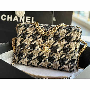 Chanel 19 Tweed Quilted Large Flap Beige And Black 30cm