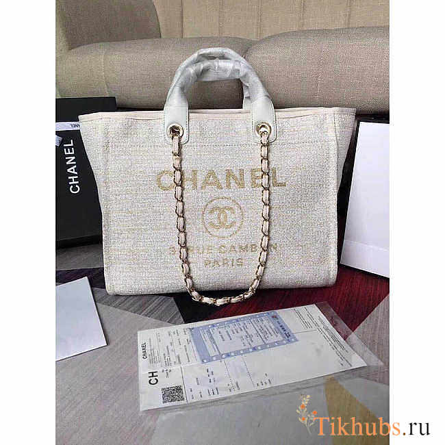 Chanel Deauville Chain Bag Cream White Women Tweed Tote 39x20x30cm - 1