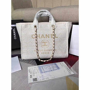 Chanel Deauville Chain Bag Cream White Women Tweed Tote 39x20x30cm