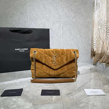 YSL LouLou Puffer Shoulder Bag Quilted Suede Brown 29x17x11cm