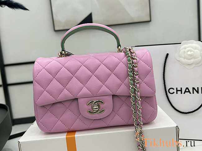 Chanel Mini Flap Bag With Top Handle Pink and Green 20x12x6cm - 1