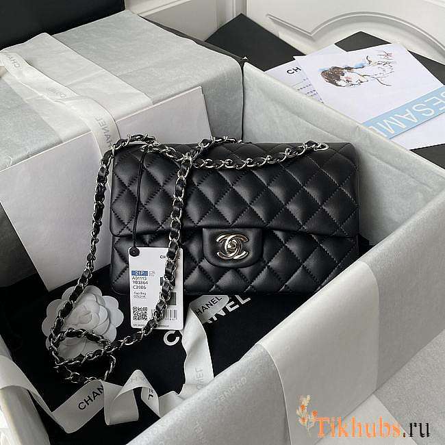 Chanel Classic Flap Bag Black Lambskin Silver Hardware 23cm - 1